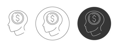 Silhouette of a head, dollar sign. Money thinking. icon set, editable stroke. Flat line, pictogram. Finance and business concept. For app, website, ui. Isolated background. vector