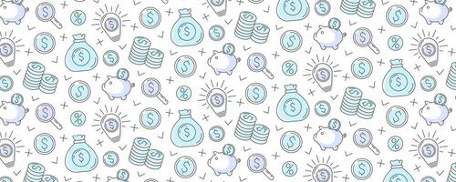 Business and finance seamless pattern with flat blue line icons of piggy bank, stack of coins, dollar sign, magnifying glass, money bag, light bulb with money idea. For cover, wrapping paper vector