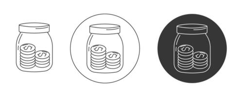 Savings jar with stacks of coins, dollar sign. icon set, editable stroke. Flat line, pictogram. Finance and business concept. For app, website, ui. Isolated background. vector