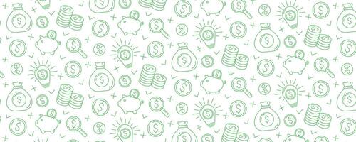 Business and finance seamless pattern with flat green line icons of piggy bank, stack of coins, dollar sign, magnifying glass, money bag, light bulb with money idea. For cover, wrapping paper vector