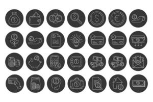 Money and payment methods, white outline icon set with black round frame. Business and finance collection with cash, coin, banking, card, exchange, saving, transaction symbol. vector
