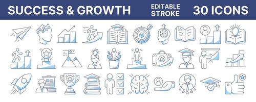 Success and personal, professional, financial or career growth, upskilling. Linear icon set, editable stroke, color. Business, education collection, progress, goal achievement, motivation signs vector