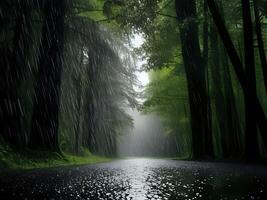 rainy forest road in the rain photo