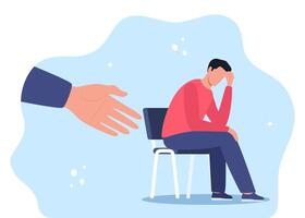 Human hand helps unhappy and sad young man in depression sitting. Mental health concept. vector