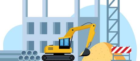 edificio trabajo proceso. excavador, arena montón, advertencia signo. construcción equipo. ciudad paisaje en antecedentes. ilustración. vector