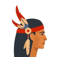 Native american indian man with feathers in profile, illustration for wall art print poster. vector