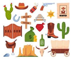 Wild West icons, set. Western and cowboy elements. Signboard, saloon door, wanted poster, sheriff badge, cactus, cow skull, cowboy hat, revolver, wagon. Texas symbols. vector