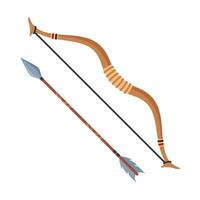 Wooden hunting bow and arrow. Hunting military equipment, old medieval weapons, feather longbow indian tensioned bowstring. vector