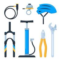 bicicleta equipo y partes, conjunto de iconos, símbolos y diseño elementos. deporte bicicleta reparar componentes ilustración. vector