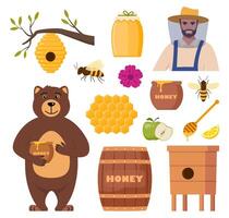 Beekeeping set. Beekeeper character, beehive, bee, honeycombs, honey jar, dipper, barrel flowers. Healthy sweet syrup. Beekeeping farm. Honey bee farming business. illustration. vector