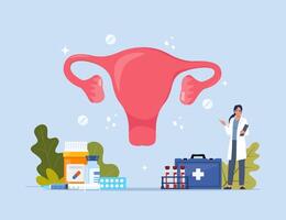 Human uterus. Inner organs disease treatment. Modern design concept with tiny doctor character, medical drugs, equipment, analysis. Illustration. vector