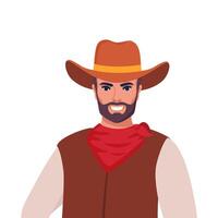 Portrait of happy smiling cowboy in hat standing in retro western outfit. American man from wild west. vector