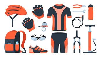 Bicycle set. Bike equipment. Cyclist gear, sportswear for biker, track accessories for extreme sport training isolated on white. illustration. vector