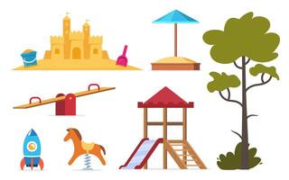 Children's entertainment playground elements. Slide, benches, a sandbox, a swing and a recreation park, toys. Place children games. illustration. vector