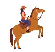 Cowboy character ride horse. Happy smiling cowboy woman character ride horse. vector