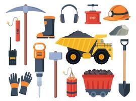 Mining coal industry icons, set. Tools and equipment for manufacture, truck and mine, mineral fuel, miner symbol, signs of machinery and dump. illustration. vector