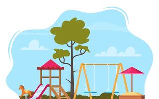 Public park with children playground. Children's entertainment playground elements. Slide, benches, sandbox, swing and recreation park, toys. Place children games. illustration. vector