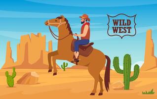 Desierto paisaje con vaquero en caballo, montañas, cactus salvaje Oeste Texas en plano estilo. occidental escena. salvaje Oeste Arizona. vector