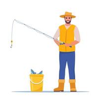 hombre pesca. pescador con pescar vara, pescado en balde. hombre en chaleco y sombrero. chico esperando para captura un pez. al aire libre recreación, ocio tiempo. ilustración. vector