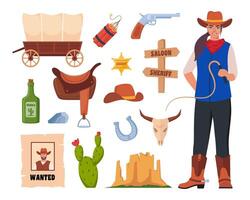 Wild West icons, set. Western and cowboy elements. Signboard, saloon door, wanted poster, sheriff badge, cactus, cow skull, cowboy hat, revolver, wagon. Texas symbols. vector