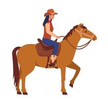 vaquero personaje paseo caballo. contento sonriente vaquero mujer personaje paseo caballo. vector
