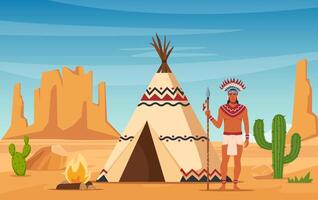 Native American Indian in Traditional Ethnic Clothes with Feathers in Their Head standing Near Tipi or wigwam. vector