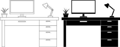 contorno silueta oficina escritorio icono conjunto vector