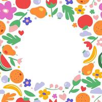 Square frame with a rounded area for copy space. Fruits, berries, flowers, plants, abstract shapes. vector