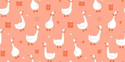 Seamless pattern with holiday geese, gift boxes, hearts, flowers. Abstract greeting print with birds for packaging, fabric. vector