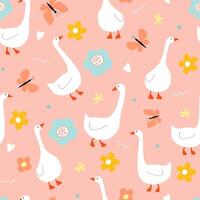 Seamless pattern with silhouettes of geese. Waterfowl against a background of flowers, butterflies, summer mood. vector