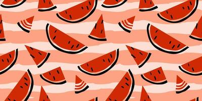 Seamless pattern with abstract watermelon slices on a background of lines. Fruity summer delicious print. vector