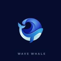 Gradient whale blue logo design illustration with wave in sea graphic element for brand, big fish logo template vector