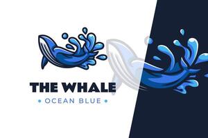 whale swimming in sea mascot logo design with blue wave splash graphic elements vector