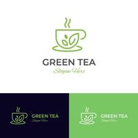 Green tea cup logo icon design with teal leaves and mug graphic element symbol for Natural drink logo template vector
