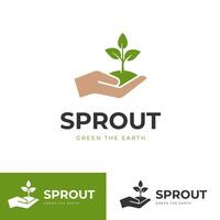 sprout plant development logo icon design with hand holding seed tree for greening earth logo template vector