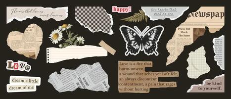 Set of torn papers, old newspaper, cut notepaper, collage craft elements, retro notebook sheets, craft rip labels. Trendy collage collection. Retro grunge stickers for scrapbook and design. vector
