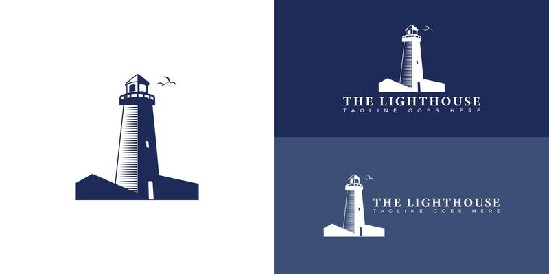 Abstract lighthouse icon logo in blue color isolated on multiple blue background colors. The logo is suitable for business and consulting company icon logo design inspiration templates.