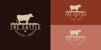 Abstract vintage Angus stamp logo in gold color isolated on multiple red background colors. The logo is suitable for livestock and the cafe bar and restaurant icon logo design inspiration templates. vector