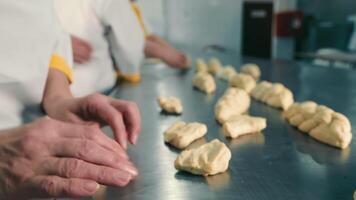 artesano panadería amasadura masa en panadería, profesional panadería forma y amasar masa en un inoxidable acero superficie en un comercial cocina. video