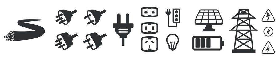electricity icon bundle, wire plug battery solar panel electric symbol black vector