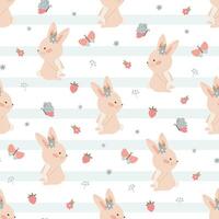 Seamless pattern with childish bunny flowers blue stripes. Cute illustration in pastel colors with floral elements, for design, fabric and textiles. vector
