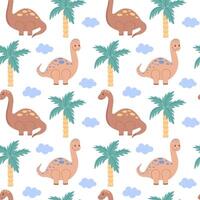 Bright childish seamless pattern with dinosaurs. Cute animals, trees, colorful cartoon illustration for kids decor and textiles. vector