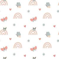 Cute seamless pattern with childish doodle rainbows and butterfly. Design for textiles, nursery vector