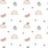 Cute seamless pattern with childish doodle rainbows and butterfly. Design for textiles, nursery vector