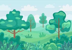 Cartoon landscape with trees bushes hills clouds. Spring summer background. Horizontal illustration in vibrant vibrant green colors. vector