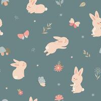 Seamless pattern with minimalistic childish bunny flowers on green. Cute illustration in pastel colors with floral elements, for design, fabric and textiles. vector