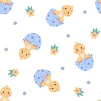 Childish seamless pattern with baby dinosaurs in eggs. Cute animals, colorful cartoon illustration for kids decor and textiles. vector