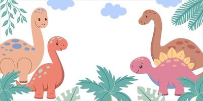 Banner horizontal frame with cute dinosaurs and tropical plants. Childish hand-drawn illustration. vector