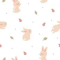 Seamless pattern with minimalistic childish bunny flowers. Cute illustration in pastel colors with floral elements, for design, fabric and textiles. vector