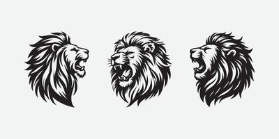 conjunto de 3 león cabeza enojado rugido logo silueta, muestra poder y fuerza vector